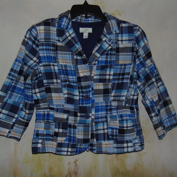Ann Taylor " Loft " Plaid Patch Blazer Blue Inverted Pleat Womens 6 Soft Lined - Picture 2 of 7